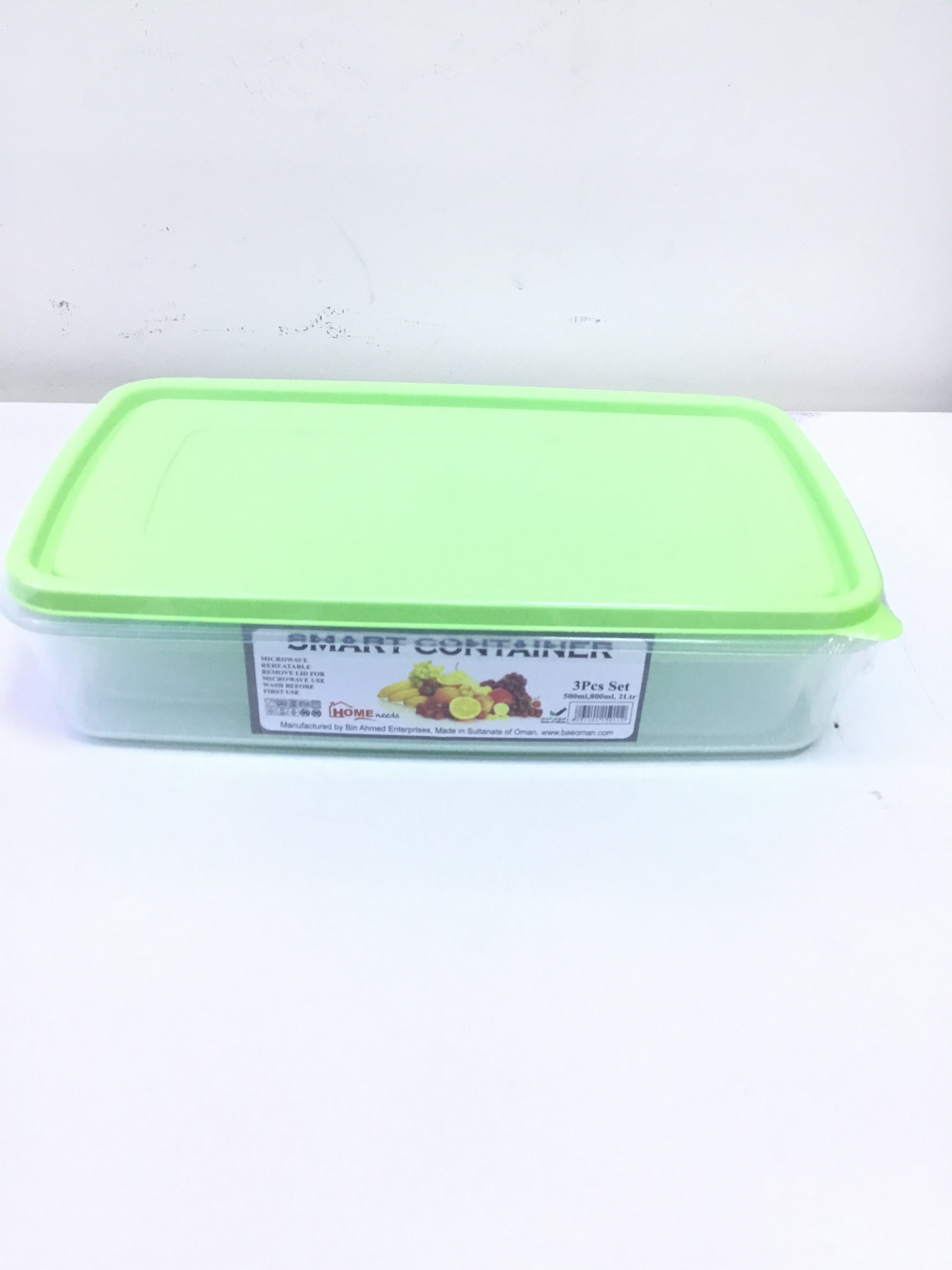 Rectangular Smart Food Container Set- Light Green Cover(3pcs) - 500ml, 800ml, 2ltr | Premium Quality - Best Sell Online