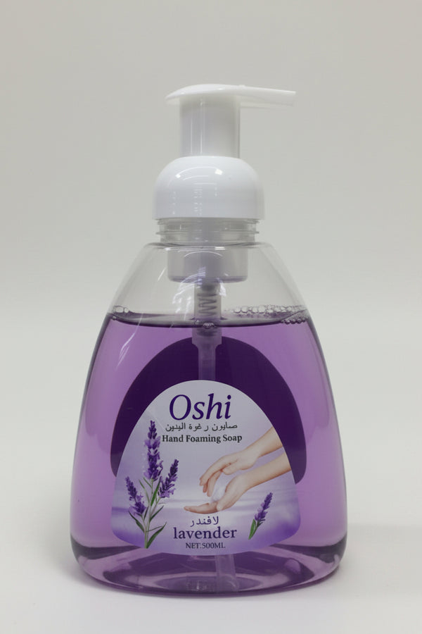 Oshi hand soap bottle with lavender scent on a white background