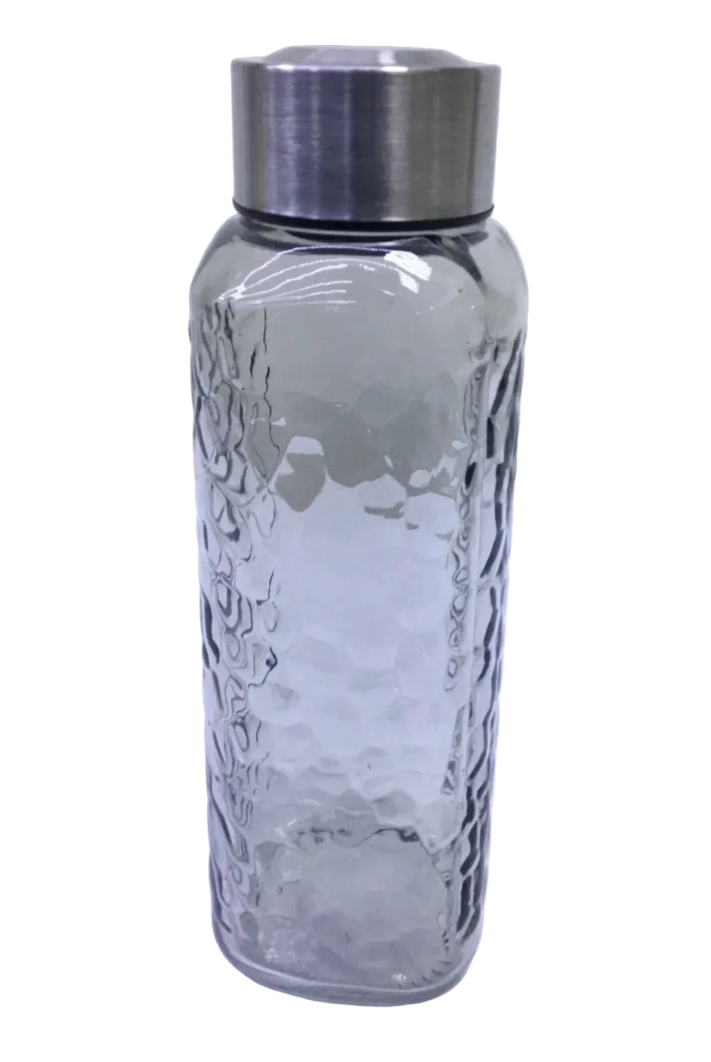 Clear glass bottle with silver cap on a white background