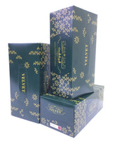 Blue decorative box with 'Velvet' branding on a white background