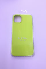Green phone case with brand name on a purple background