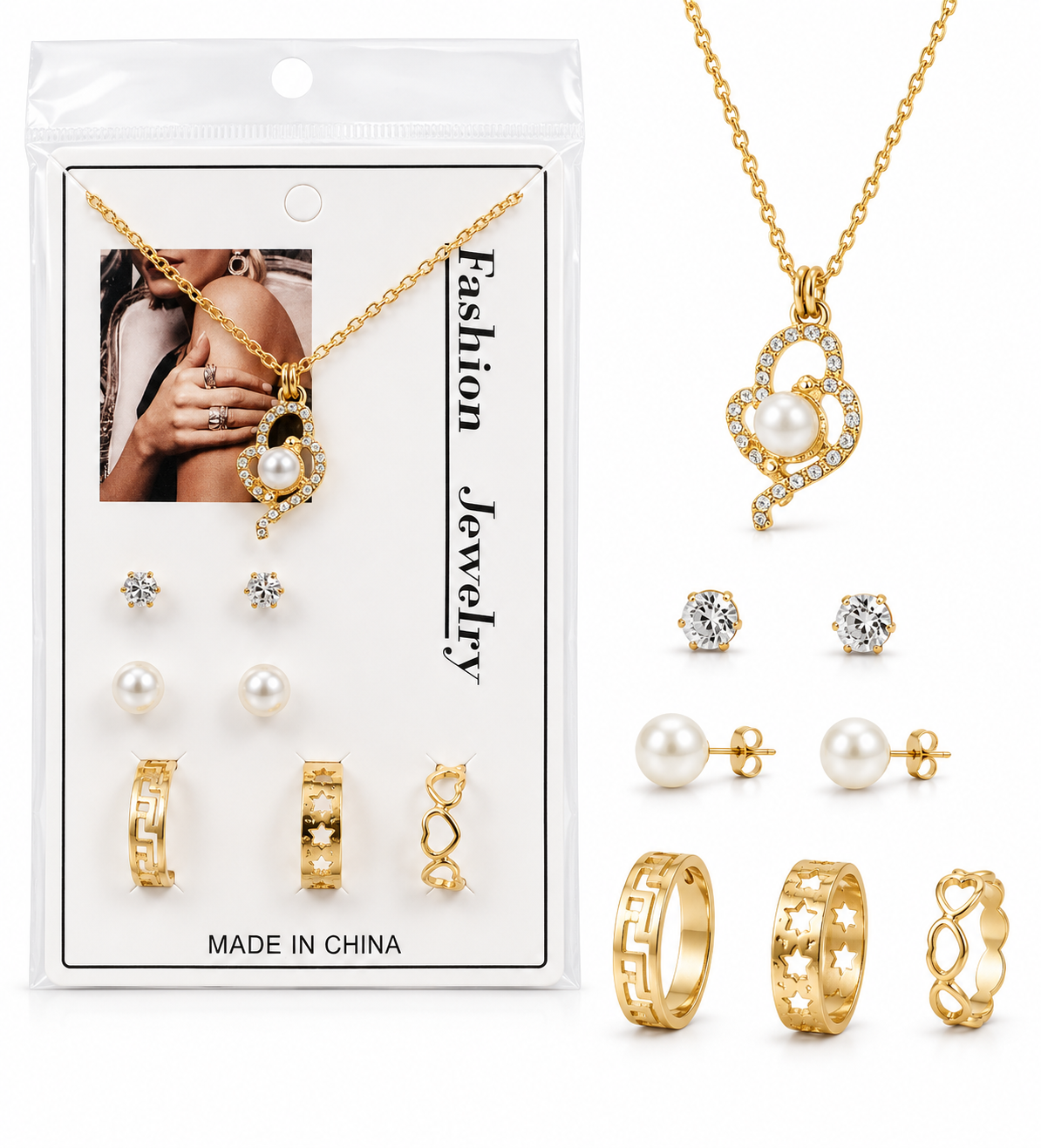 Golden Pearl Heart Necklace Set - 0098PLK - Best sell Online