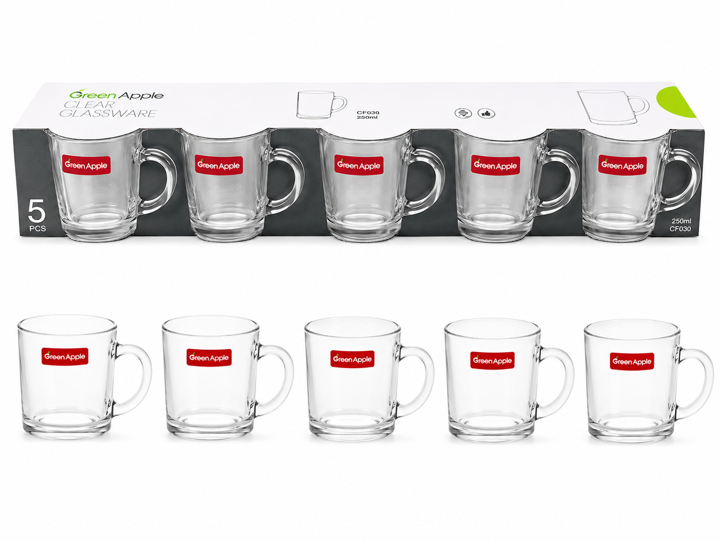 FR Premium 5-Piece Green Apple Glass Tea Cups Set 210ml Each