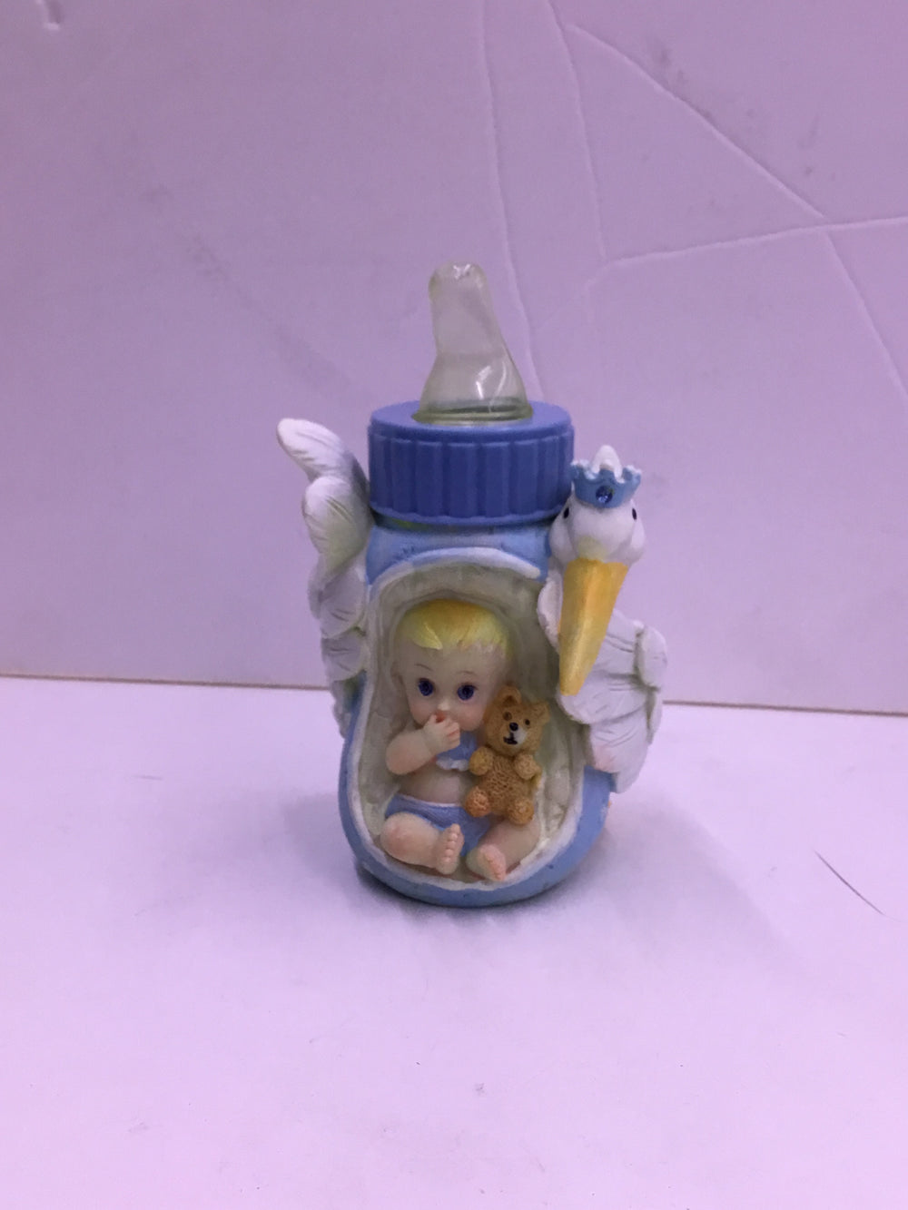 Baby Bottle Decorative Figurine with Stork & Teddy Bear