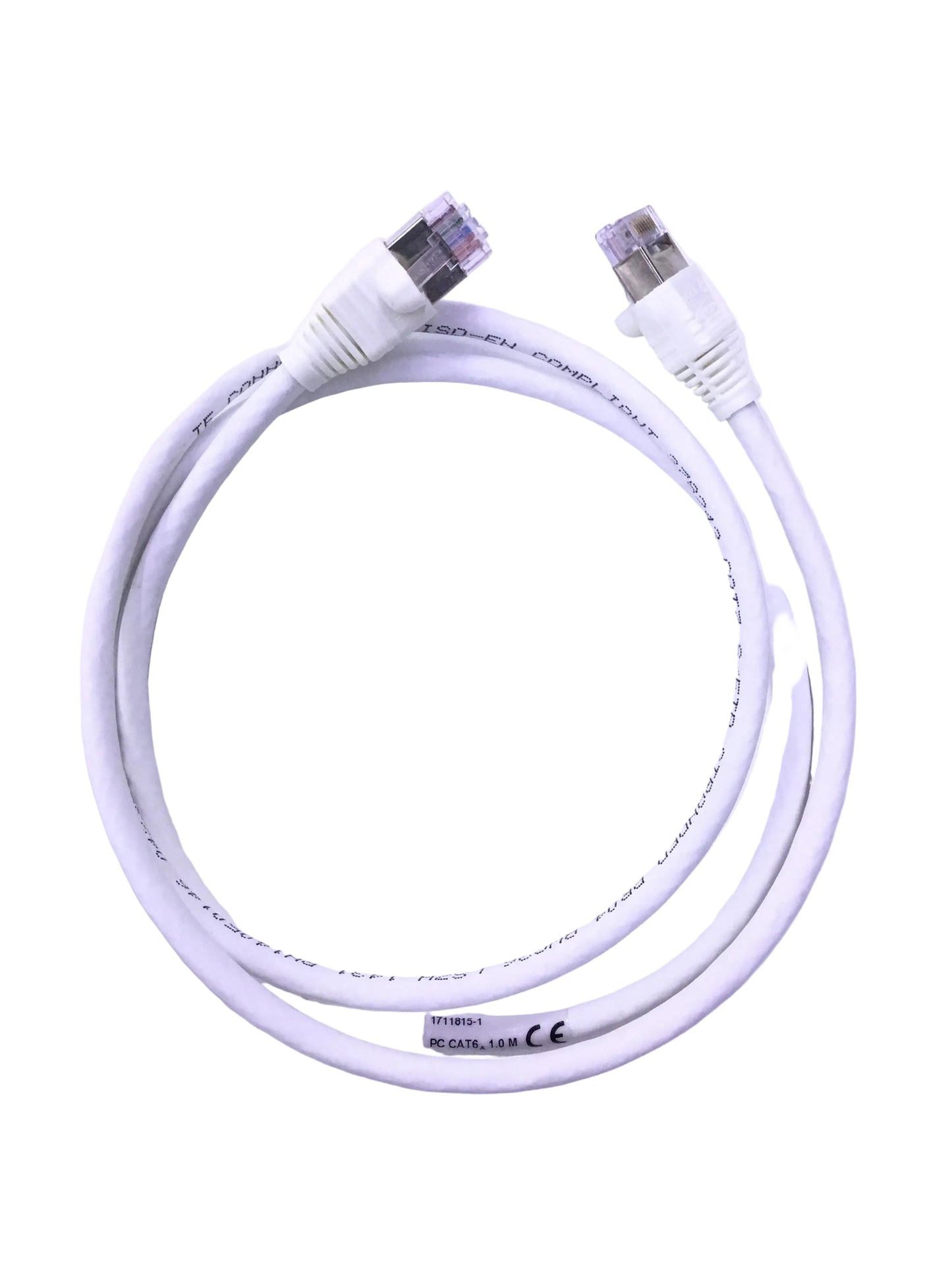 White Ethernet cable on a light purple background