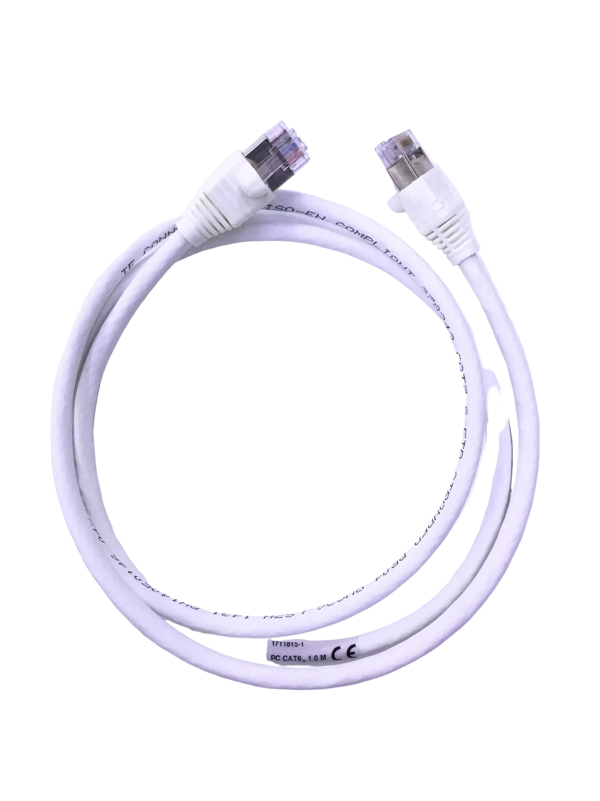 White Ethernet cable on a light purple background