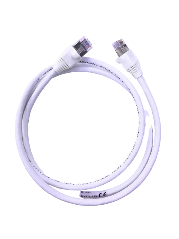 White Ethernet cable on a light purple background