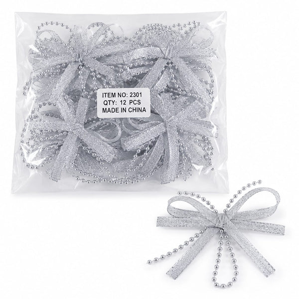 Silver Glitter Ribbon Bow with Pearl Strands - 12pcs - RTX- 1
