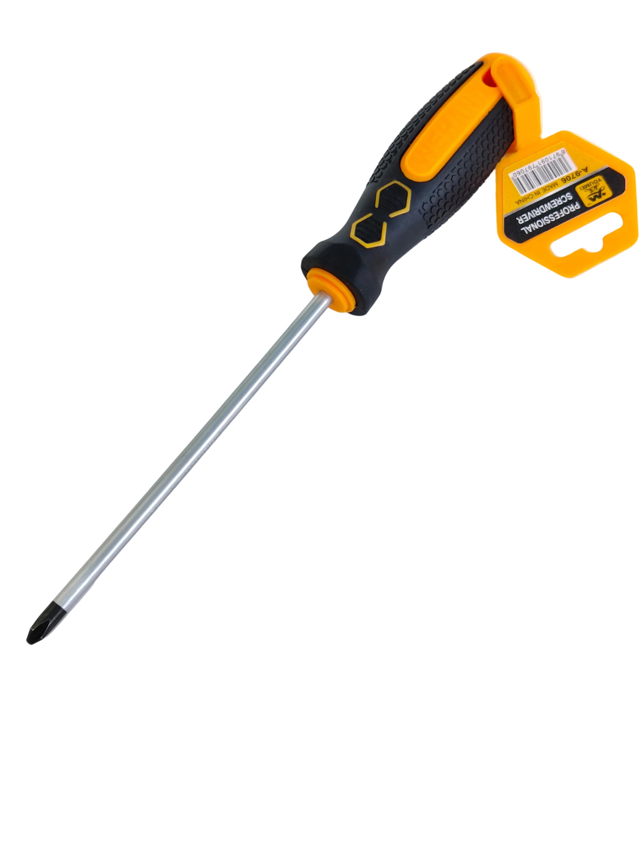 Screwdriver with a yellow and black handle on a white background