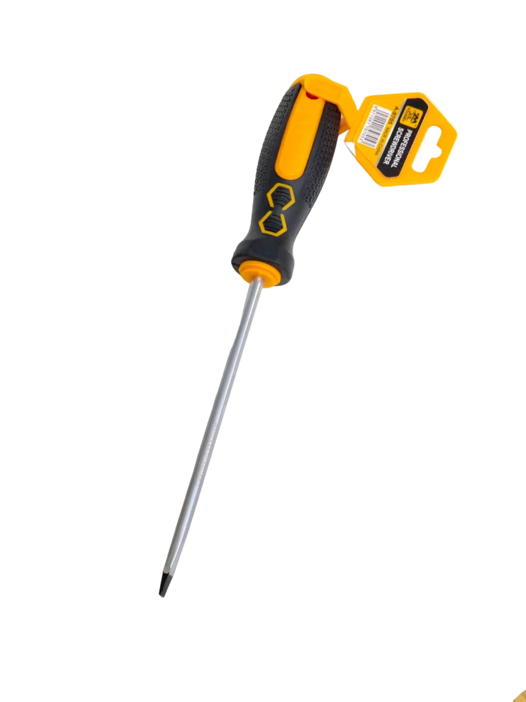 Screwdriver with a yellow handle on a white background